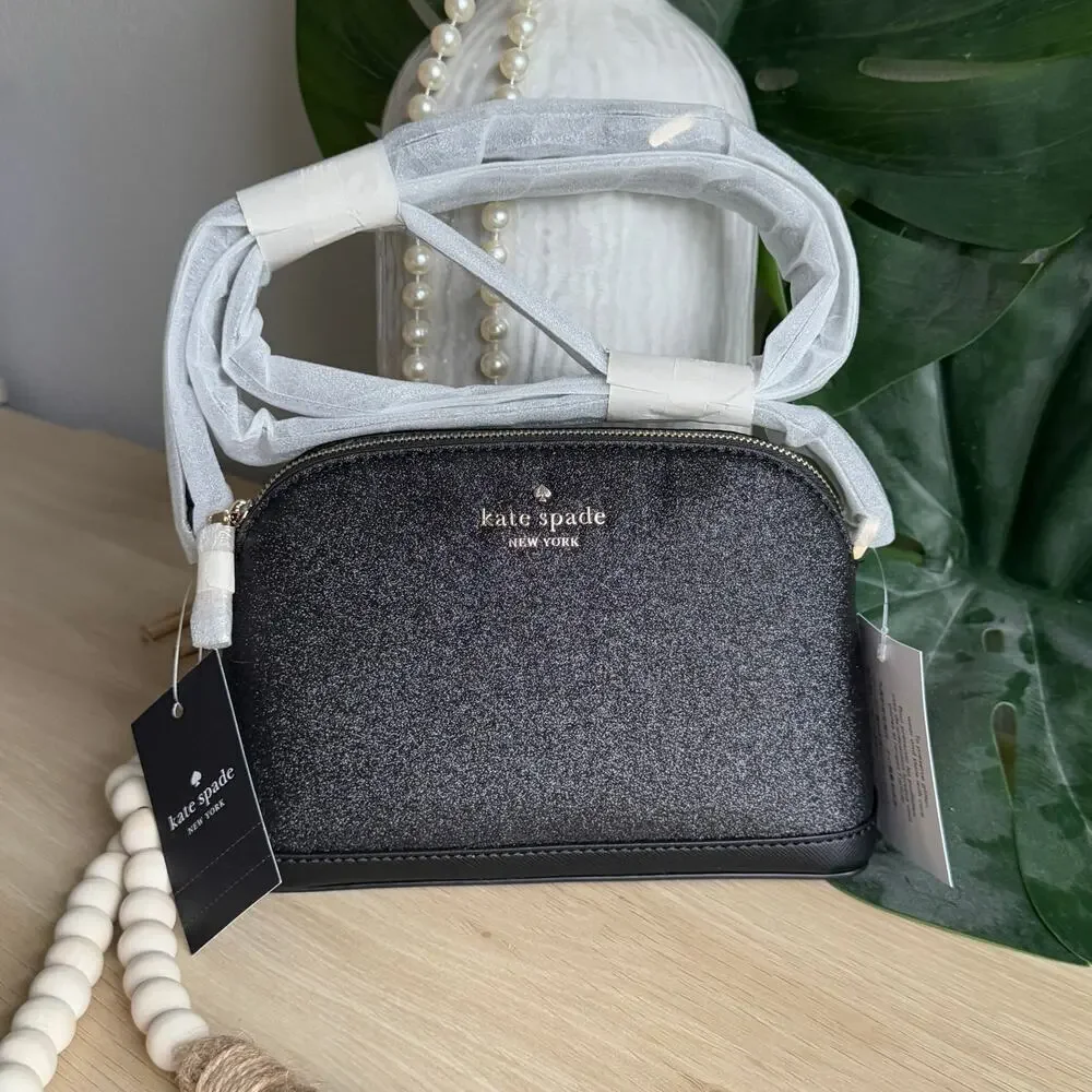 NWT - Kate Spade Small Dome Crossbody Glitter Fabric Black Tinsel